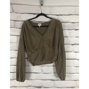 NWT Ava James Women's Size S Gold Metallic Long Sleeve Crop Top Holiday Party